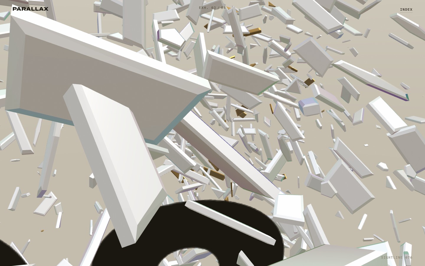 PARALLAX -- porcelain debris with scarce gold, mid-walk