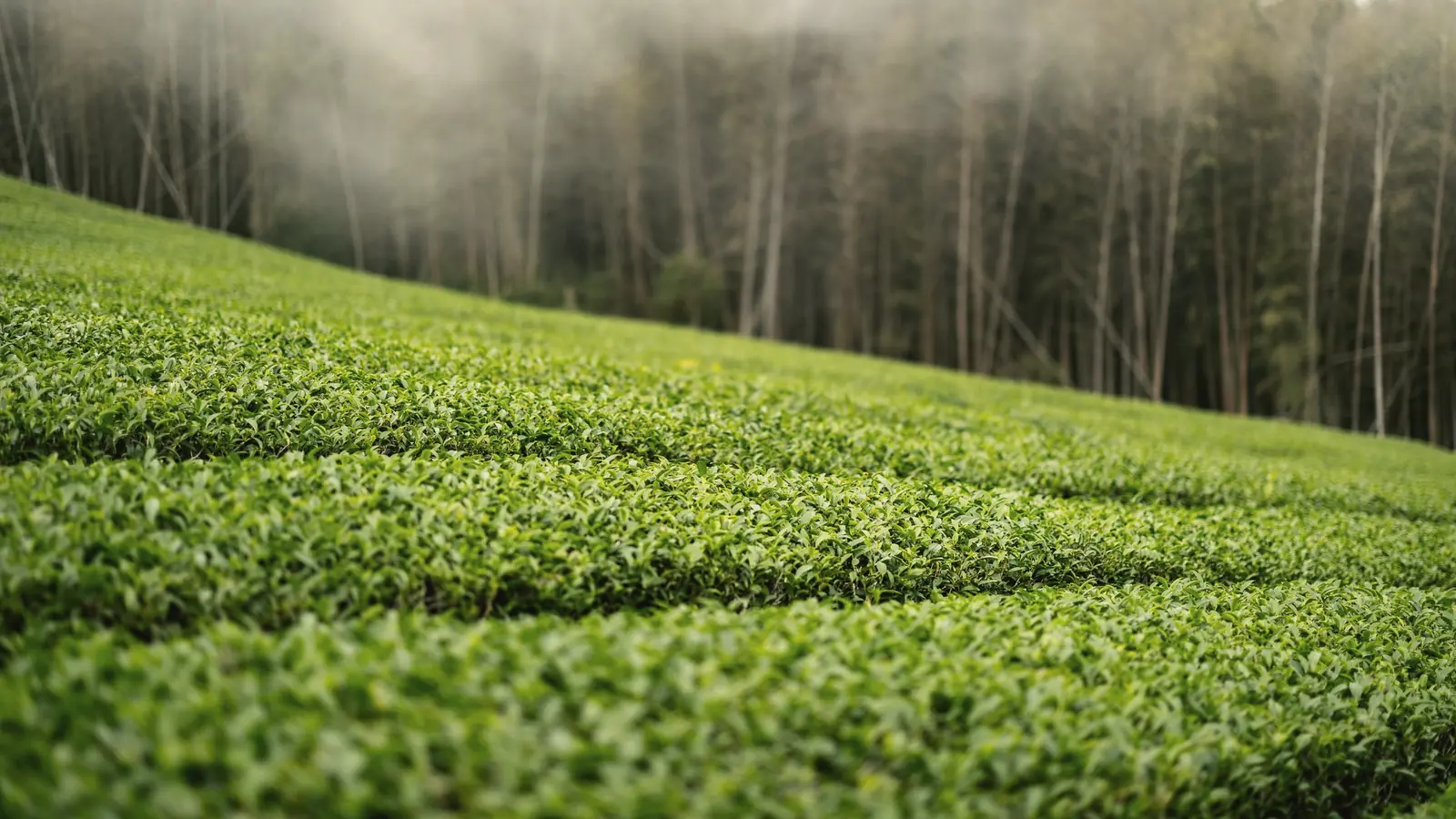 Rows of clipped tea bushes running up a slope into fog and tall cedars