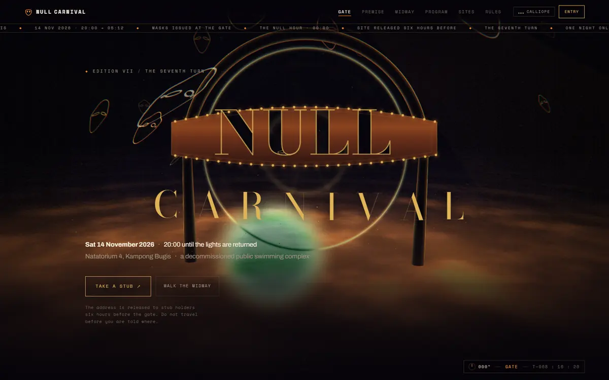 Null Carnival: a 3D fairground gate in warm bulb-lit gold on near-black, the words NULL CARNIVAL arched across the entrance.