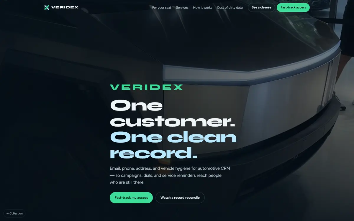 Veridex: a dark product page reading ‘One customer. One clean record.’ over a rendered brushed-metal form, with two call-to-action buttons in mint green.