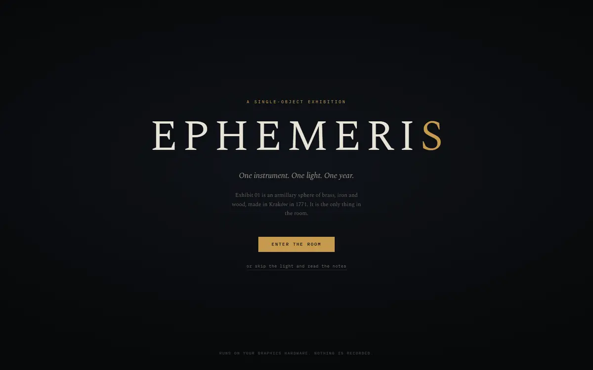 Ephemeris: the word EPHEMERIS in wide gold-flecked serif capitals on near-black, above the line ‘One instrument. One light. One year.’