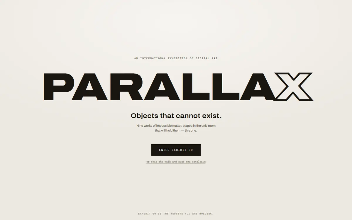 Parallax: a bone-white page with the word PARALLAX set enormous in black, the final X drawn as an impossible figure, above the line ‘Objects that cannot exist.’