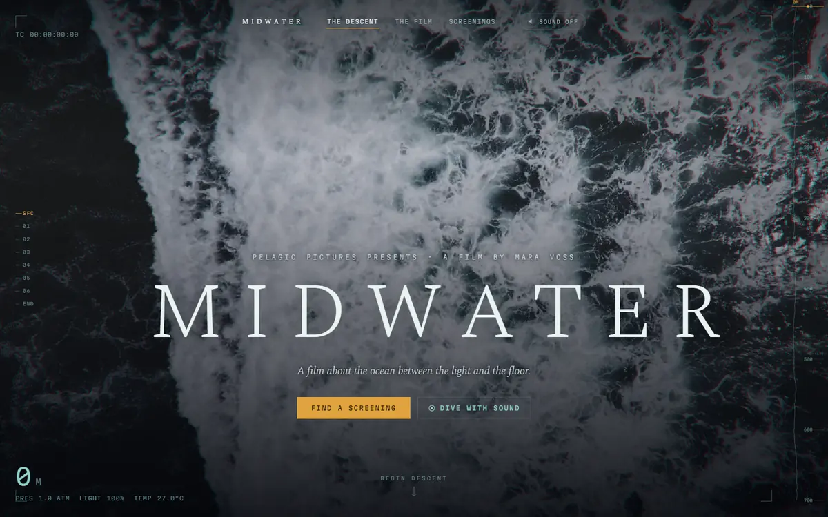Midwater: a full-bleed aerial shot of dark churning ocean behind the wordmark MIDWATER in wide serif capitals.