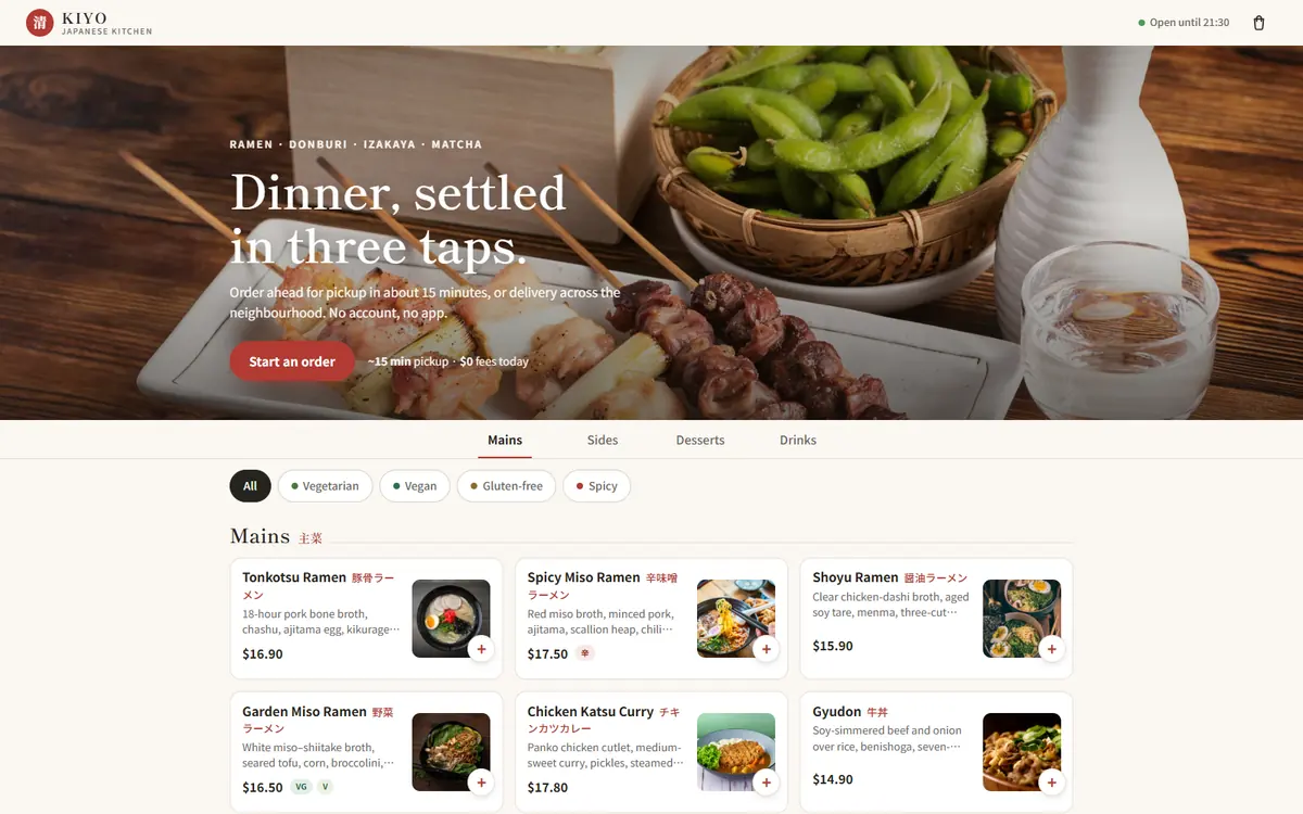 Kiyo: an ordering page headed &lsquo;Dinner, settled in three taps.&rsquo; over a photograph of skewers, above a filterable menu grid.