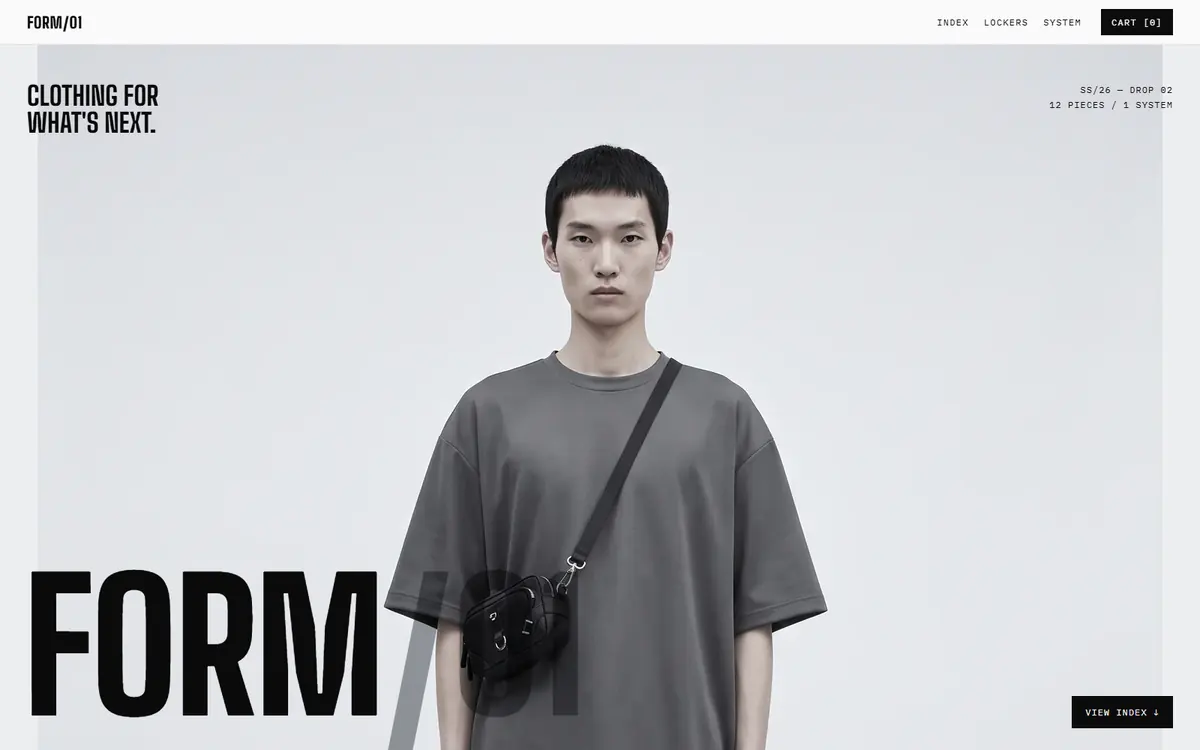 Form/01: a streetwear landing page on pale grey, a model in an oversized tee, the wordmark FORM/01 set enormous across the lower edge.