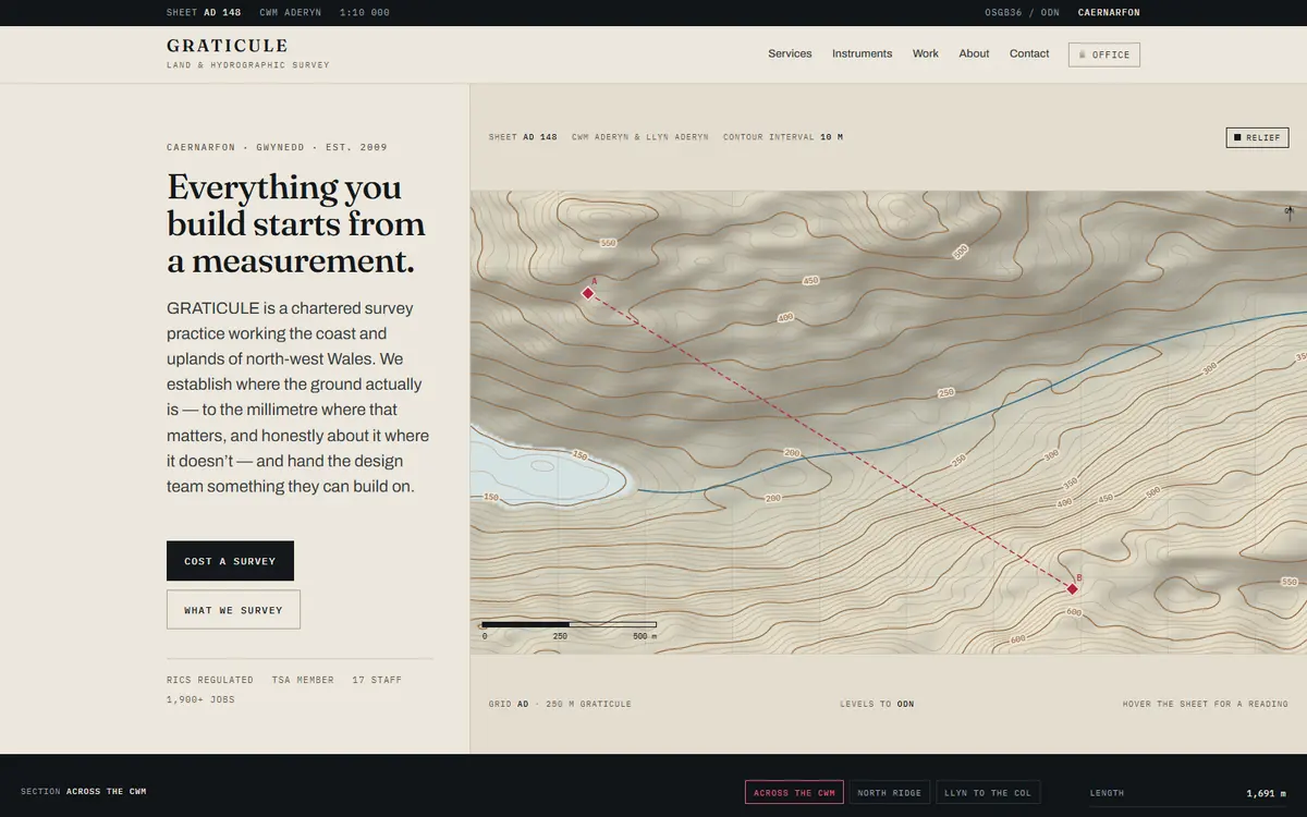 Graticule: a chartered survey practice’s page, cream copy column on the left and a live-drawn contour sheet with survey marks on the right.
