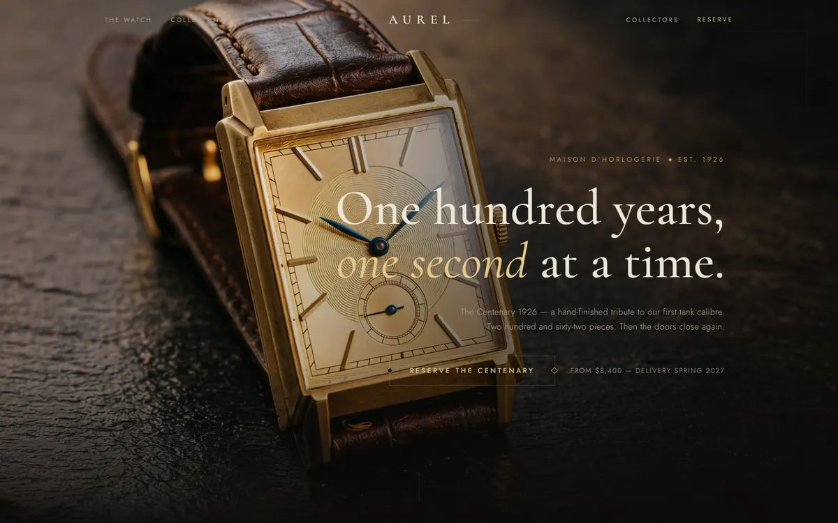 Aurel: a gold tank watch on a dark leather strap filling the frame under a light serif headline.