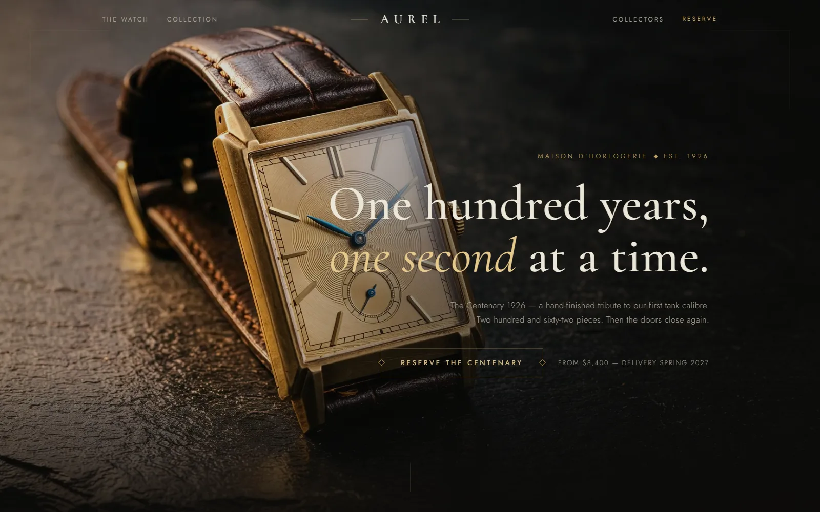 The Aurel home page: a watch house's wordmark over a mechanical movement, finished by hand.