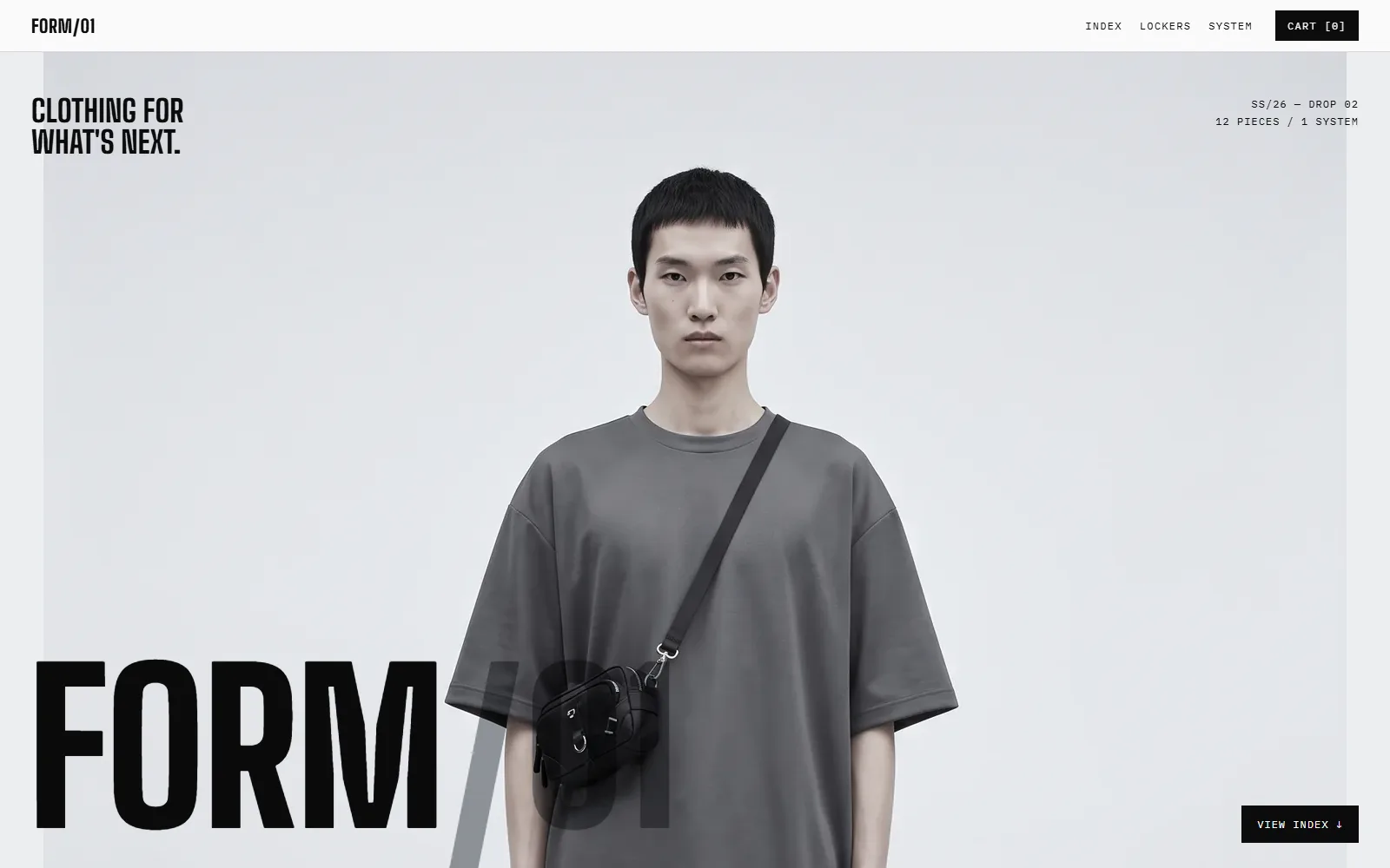 The Form/01 home page: technical streetwear in black, white and silver, twelve pieces in one system.
