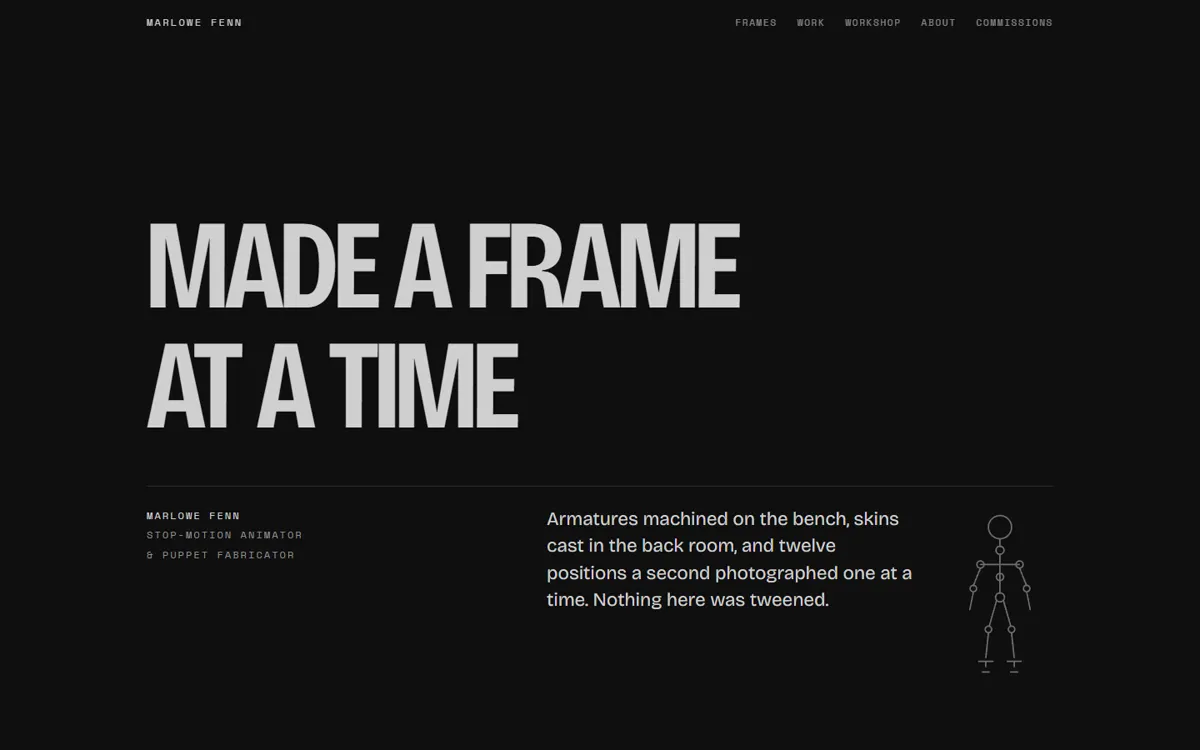 MARLOWE FENN: A stop-motion animator's portfolio built around a scroll-driven exposure sheet.