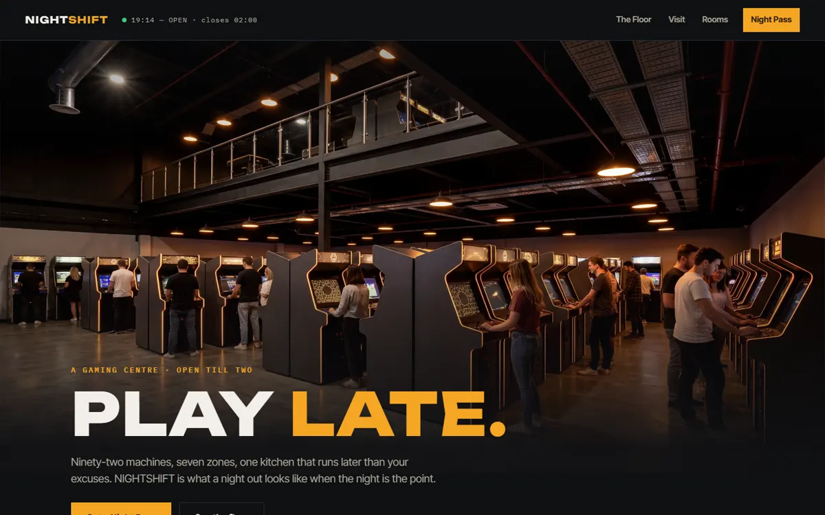 NIGHTSHIFT: A late-night gaming centre with a hidden after-hours operations portal.