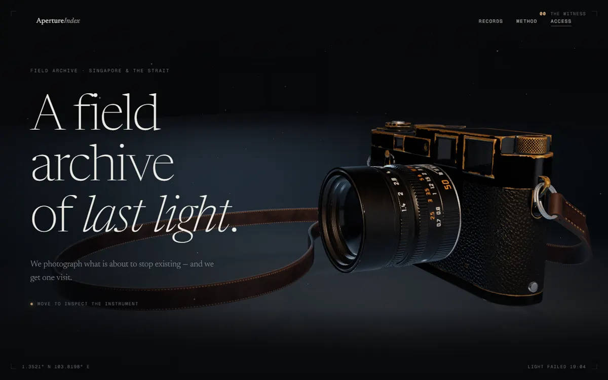 APERTURE INDEX: A photographic archive built around one real 3D camera you inspect with a cursor light.
