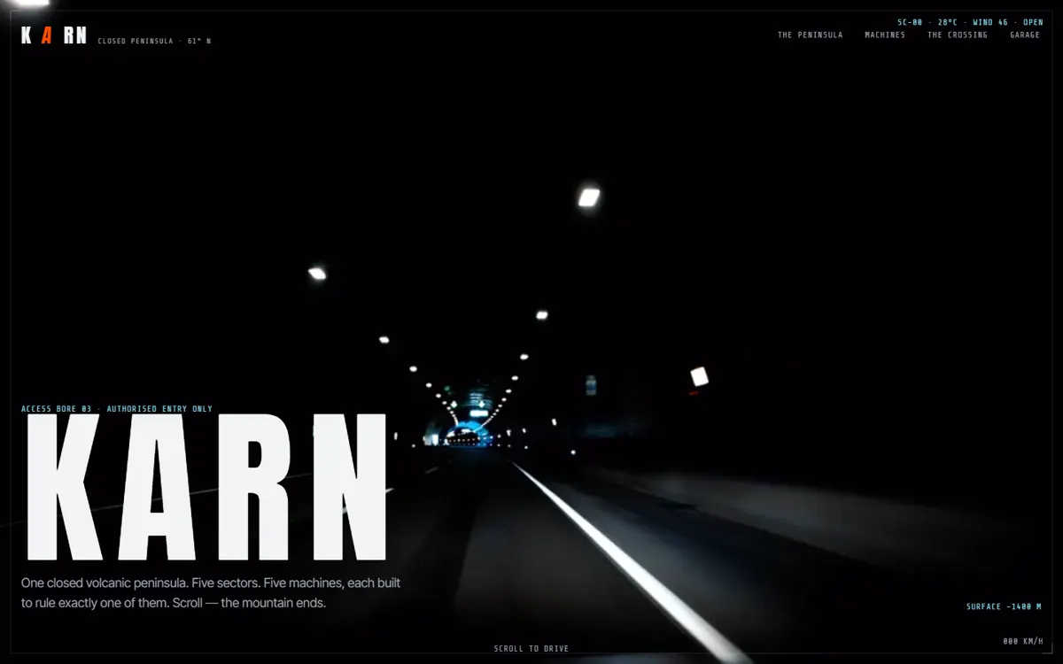 KARN: An automotive world of five original machines with live-computed performance figures.