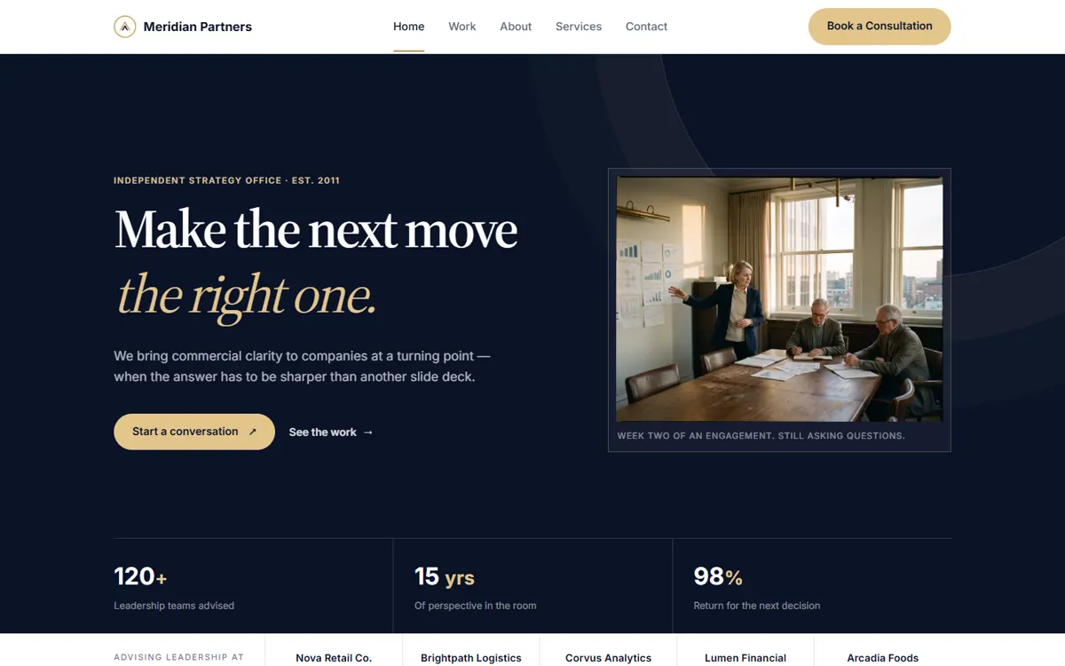 Meridian Partners: A strategy consultancy built around switchable case studies and a clear engagement model.