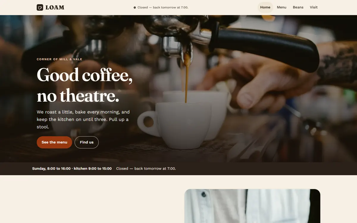 LOAM: A neighbourhood café and roastery with a persistent order tray and a taste finder.