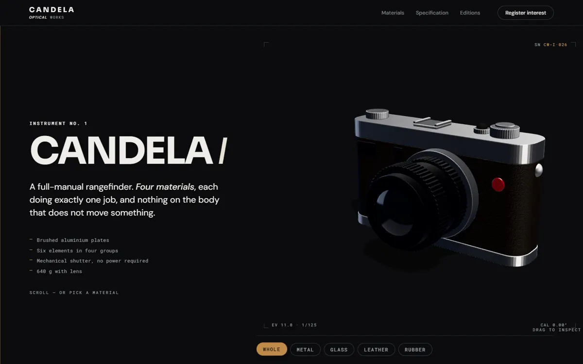 CANDELA: A camera maker's product page that hands you a real, draggable 3D rangefinder.