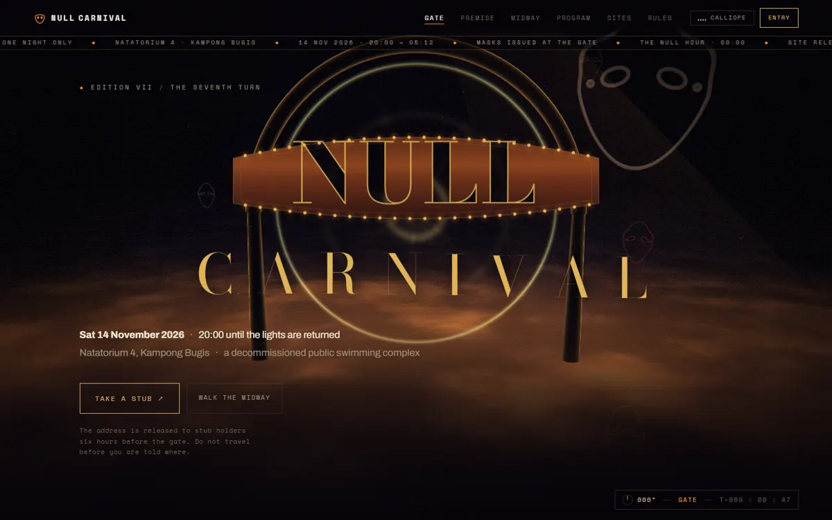 NULL CARNIVAL: A travelling night fair rendered as one turnable 3D room instead of a scrolling page.
