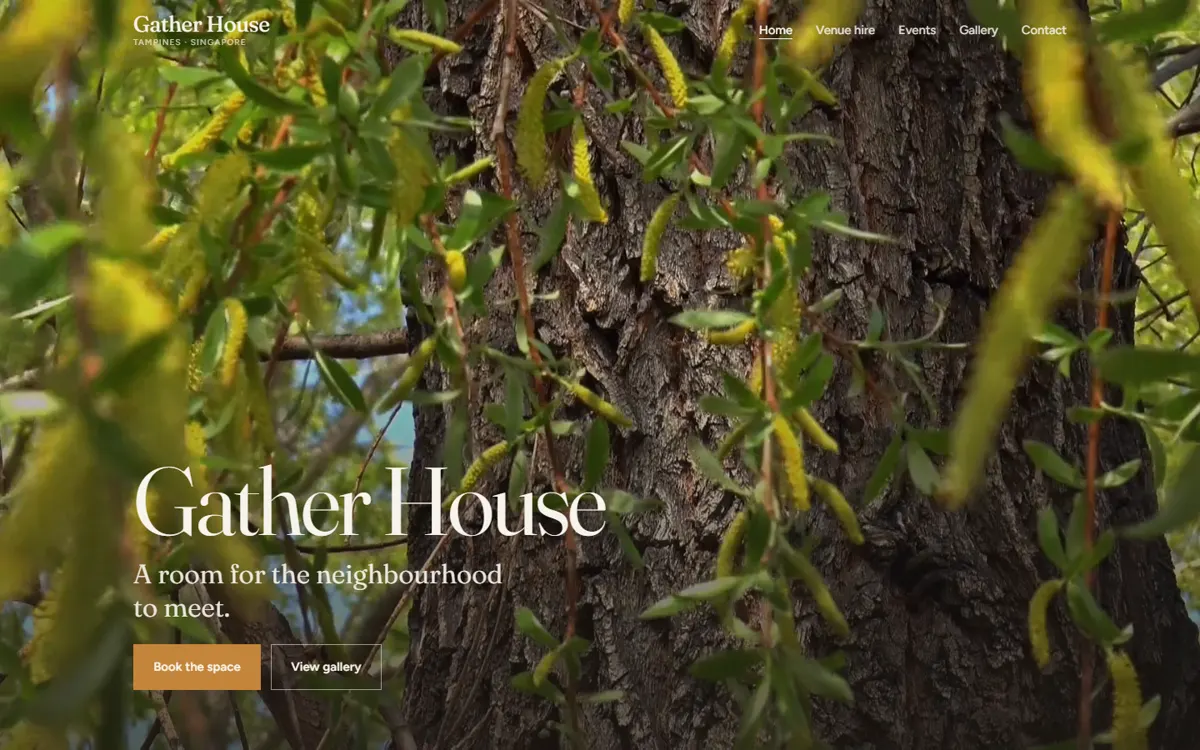 GATHER HOUSE: A neighbourhood room for workshops and private hire, with clear packages and a photo gallery.