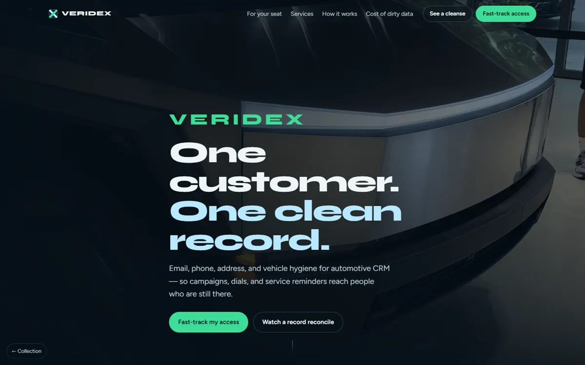 VERIDEX: A customer-data-hygiene platform for automotive CRM, with a live cost-of-decay calculator.
