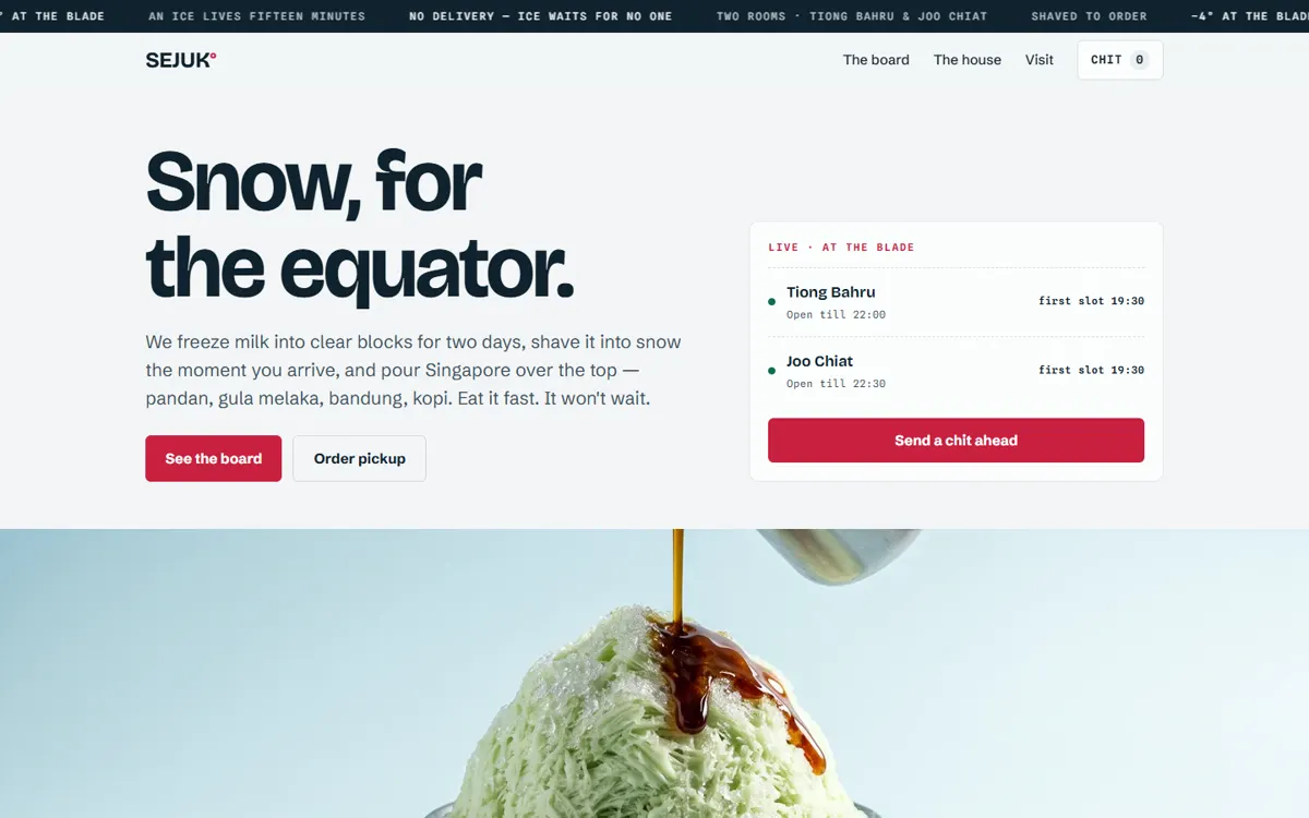 SEJUK°: A Singapore shaved-ice house with live pricing and pickup slots tied to real hours.
