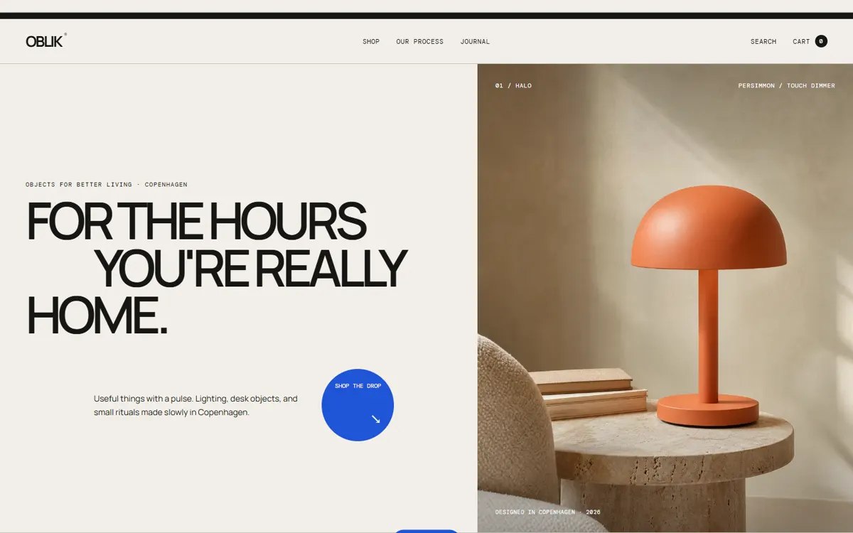 OBLIK: A kinetic design-object store with live filters, colour switching and quick views.