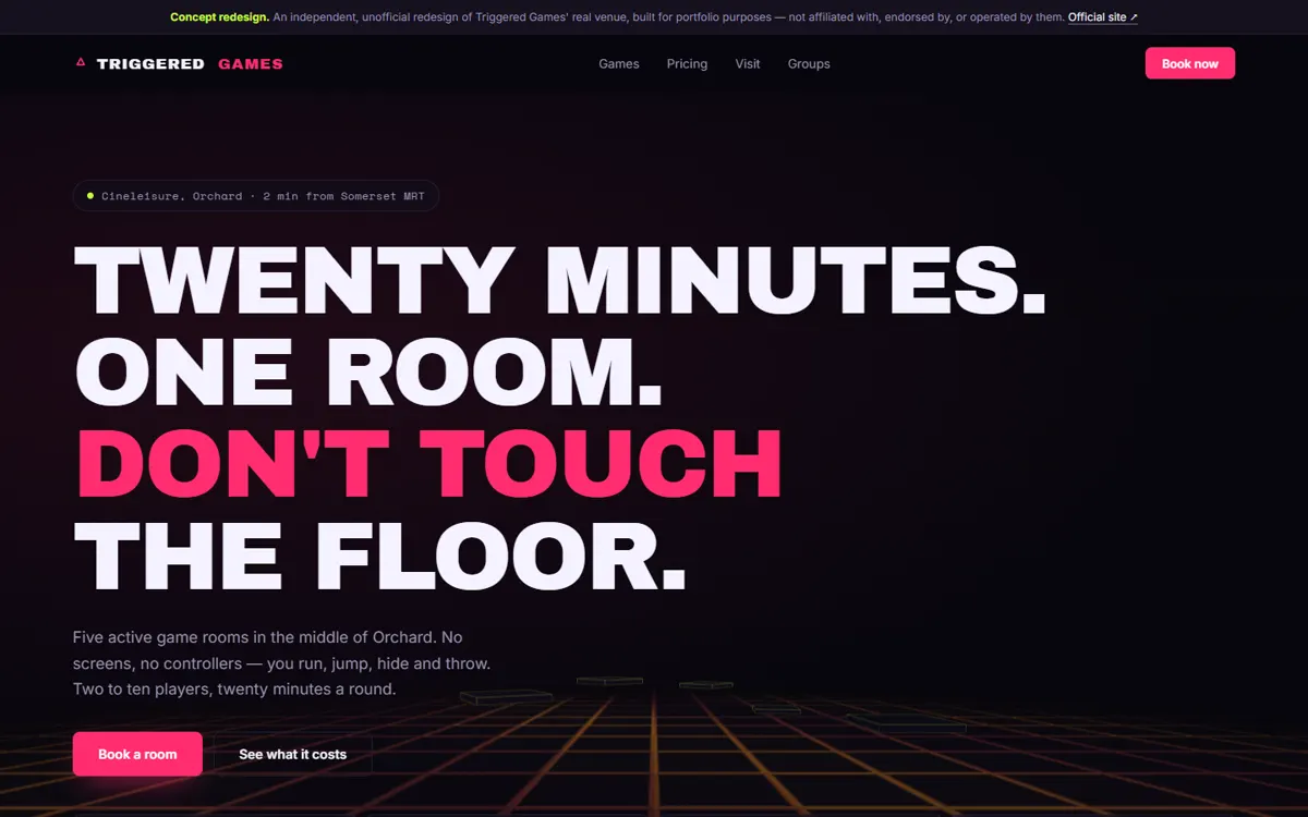 TRIGGERED: An unofficial redesign of a Singapore game centre, with a WebGL lava floor.