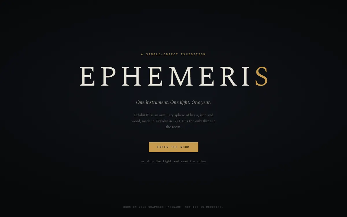 EPHEMERIS: A single-object gallery showing one 18th-century instrument, lit by your own cursor.