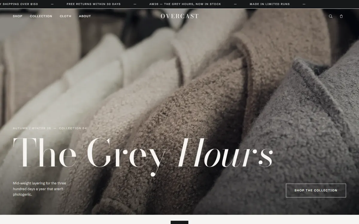 OVERCAST: A clothing label sold on fabric, not models, with a bag that survives navigation.
