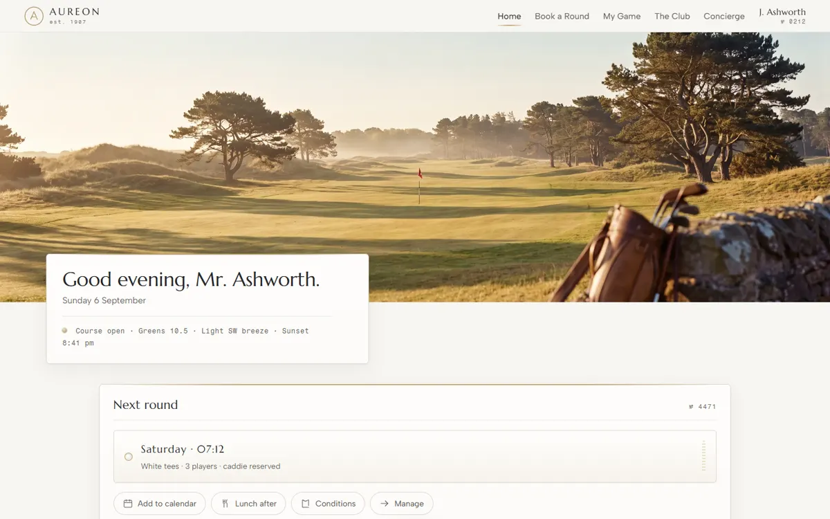 AUREON: A private golf club's digital concierge, with a live tee sheet and self-writing manifest.