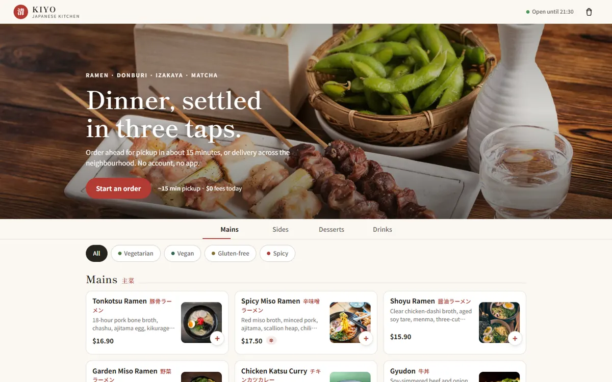 KIYO 清: A mobile-first Japanese kitchen where ordering, filters and checkout are the whole site.