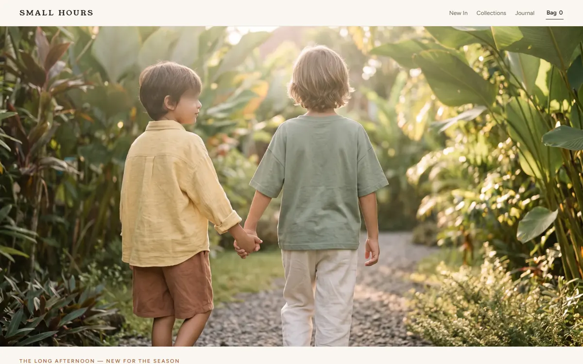 SMALL HOURS: A premium kids'-fashion brand with an AI-shot garden campaign and smart free-delivery logic.