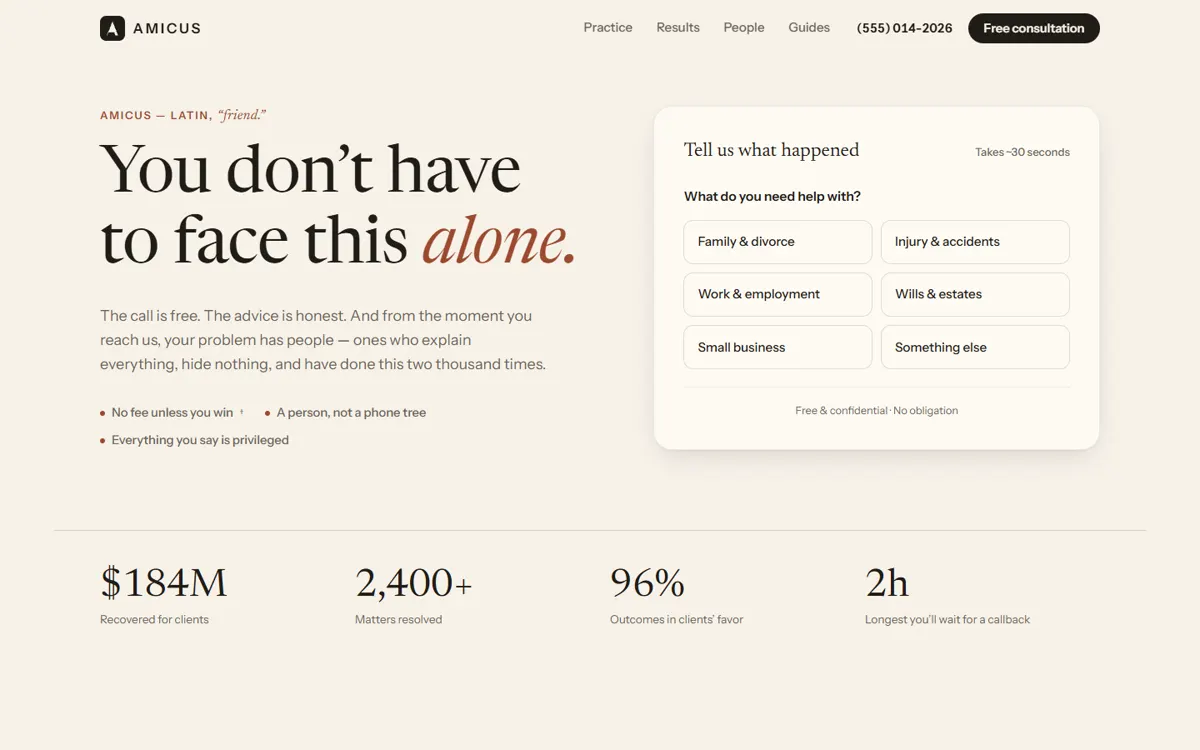 AMICUS: A warm, intake-first law firm built around a 30-second contact flow.