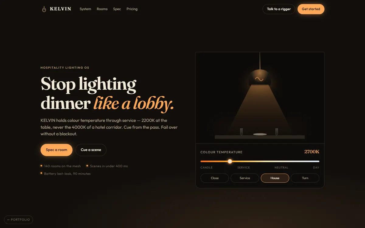 KELVIN: A lighting OS for hospitality where dragging a kelvin slider retints the whole room.