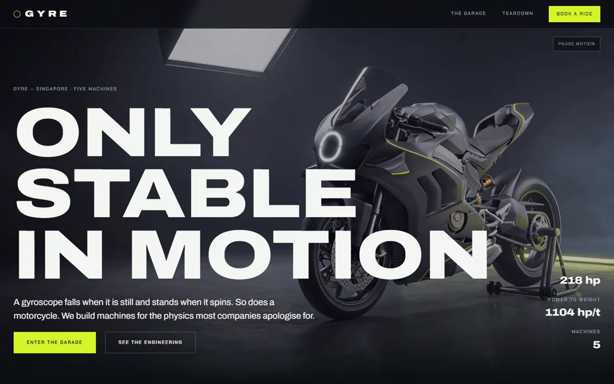 GYRE: A motorcycle marque site built around five machines and live dyno curves.