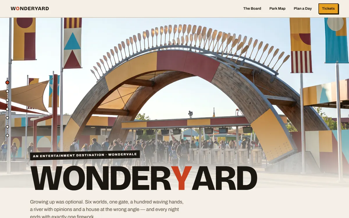 WONDERYARD: A theme-park homepage that walks you through six worlds and turns day into night.