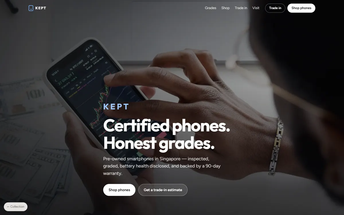 KEPT: A certified pre-owned phone shop with a grade guide and a live trade-in estimator.