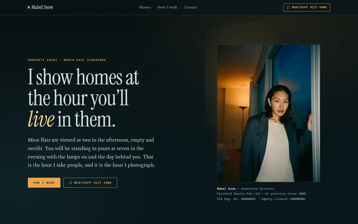 MABEL SEOW: A personal-branding site for one property agent, set entirely at one hour after sunset.