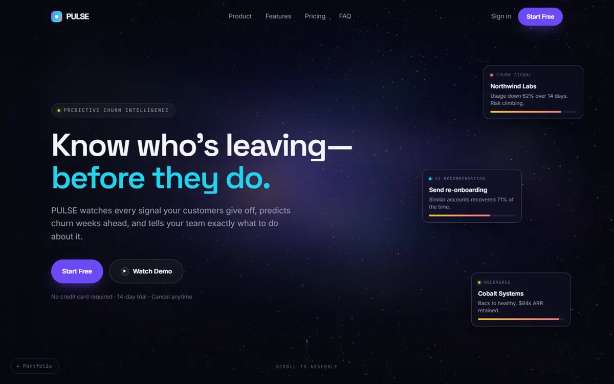 PULSE: A cinematic AI-analytics landing page built around a scroll-assembled particle dashboard.