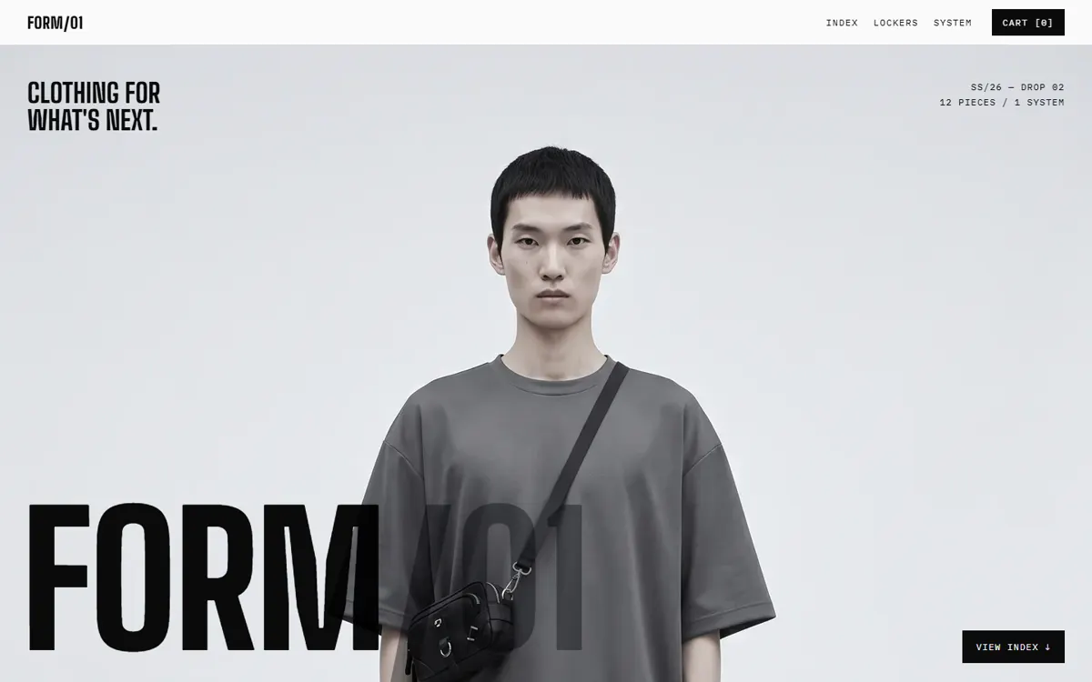 FORM/01: A monochrome techwear label with a broken product grid and full-screen takeovers.