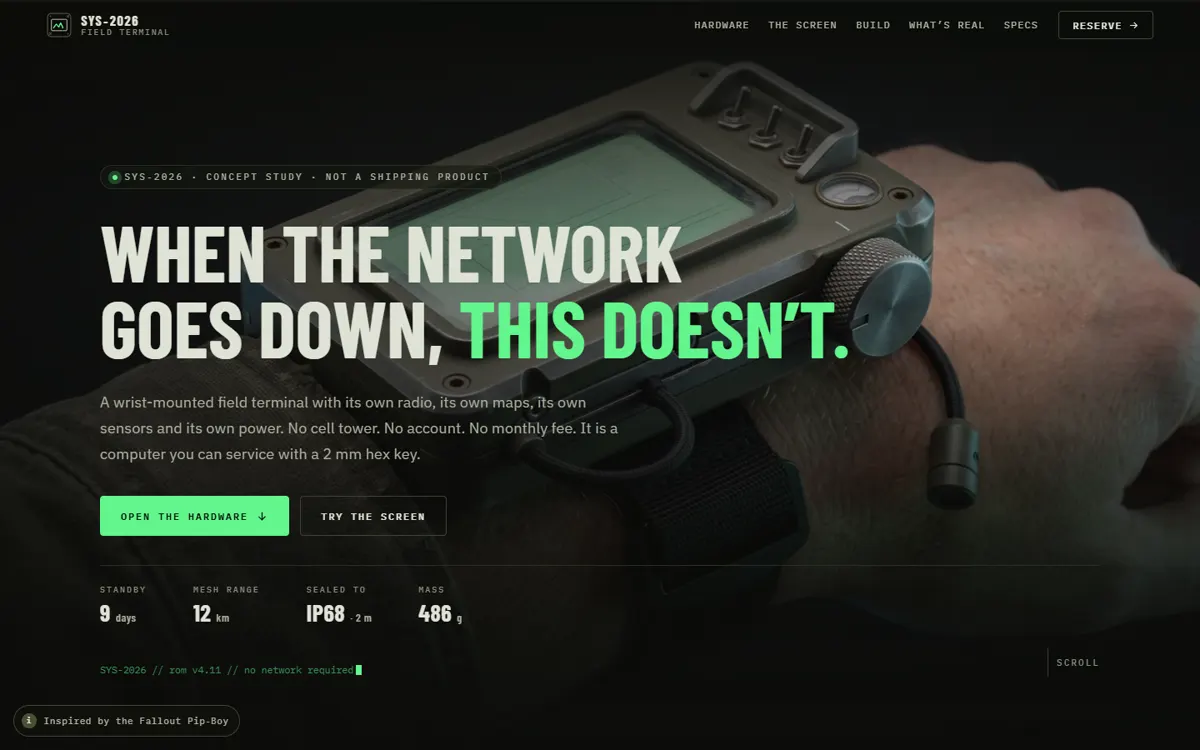 SYS‑2026: A wrist-terminal launch page with a working device screen you can drive yourself.