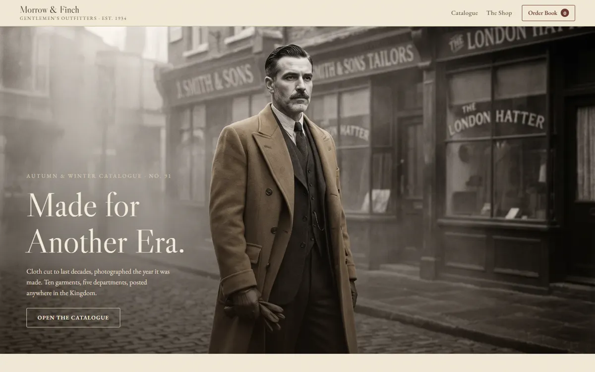 MORROW & FINCH: A menswear shop dressed as a 1930s catalogue, with a ledger-style Order Book cart.