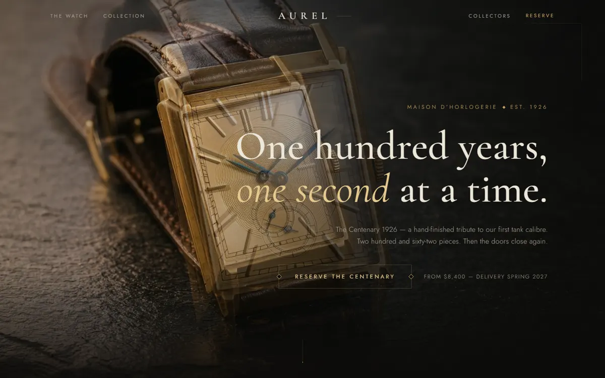 AUREL: An old-money watch house with a cinematic hero and a filterable boutique.