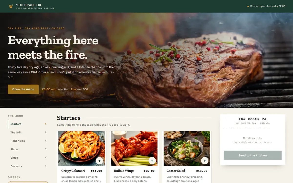 THE BRASS OX: An American chophouse ordering flow that prices every doneness and add-on live.