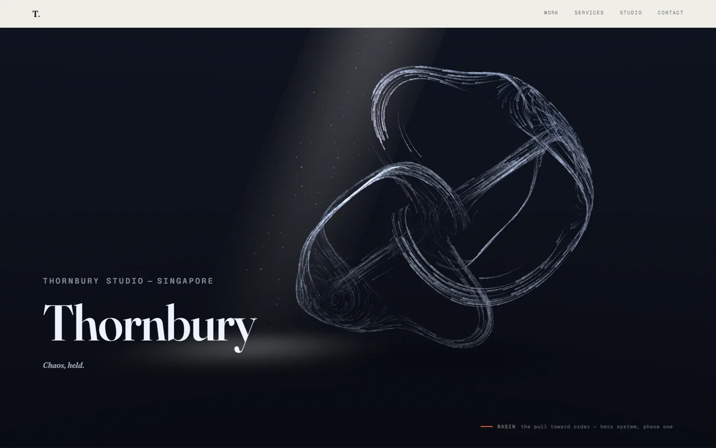 BASIN — a dark hero where a luminous strange-attractor of light ribbons hangs under one shaft of light.
