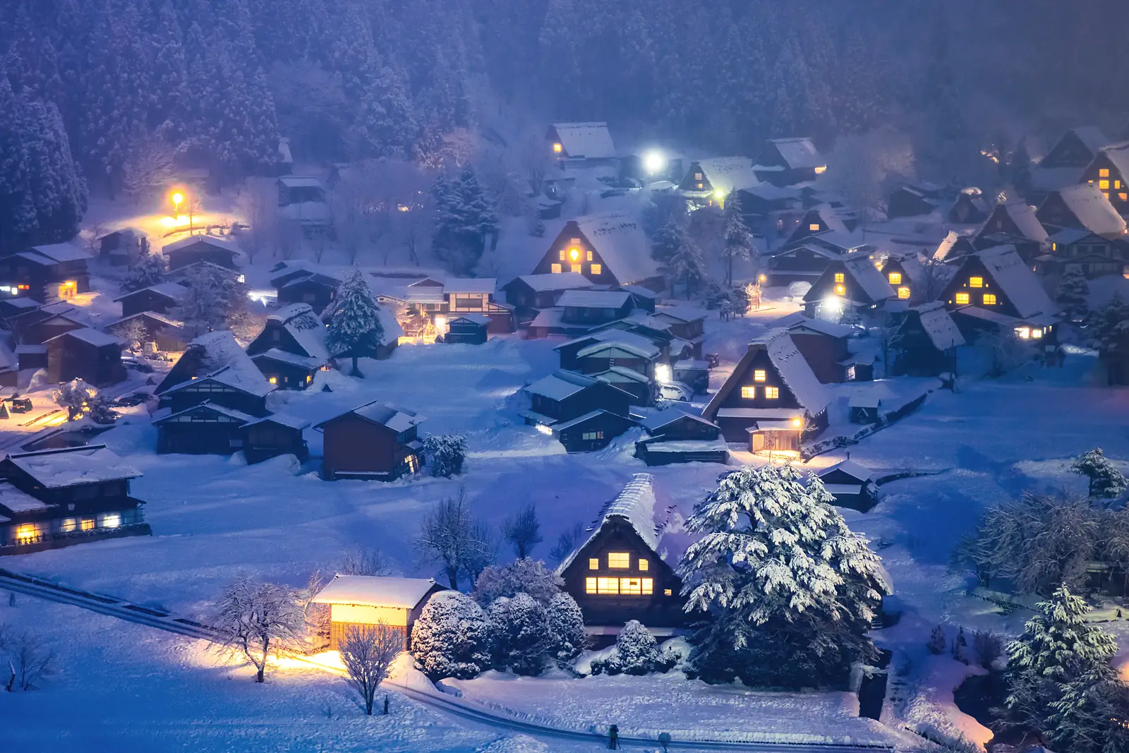 Shirakawa-go under snow at blue hour