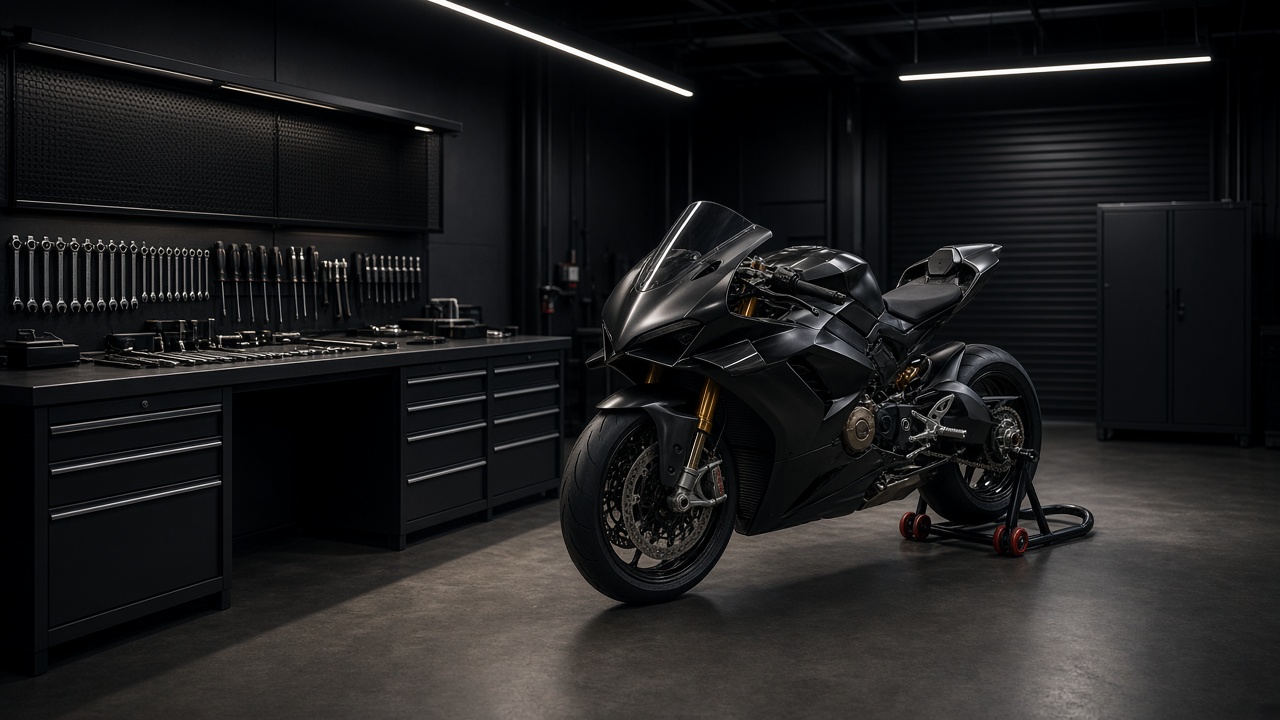 Motorcycle on a service stand in a clean workshop bay with tools laid out