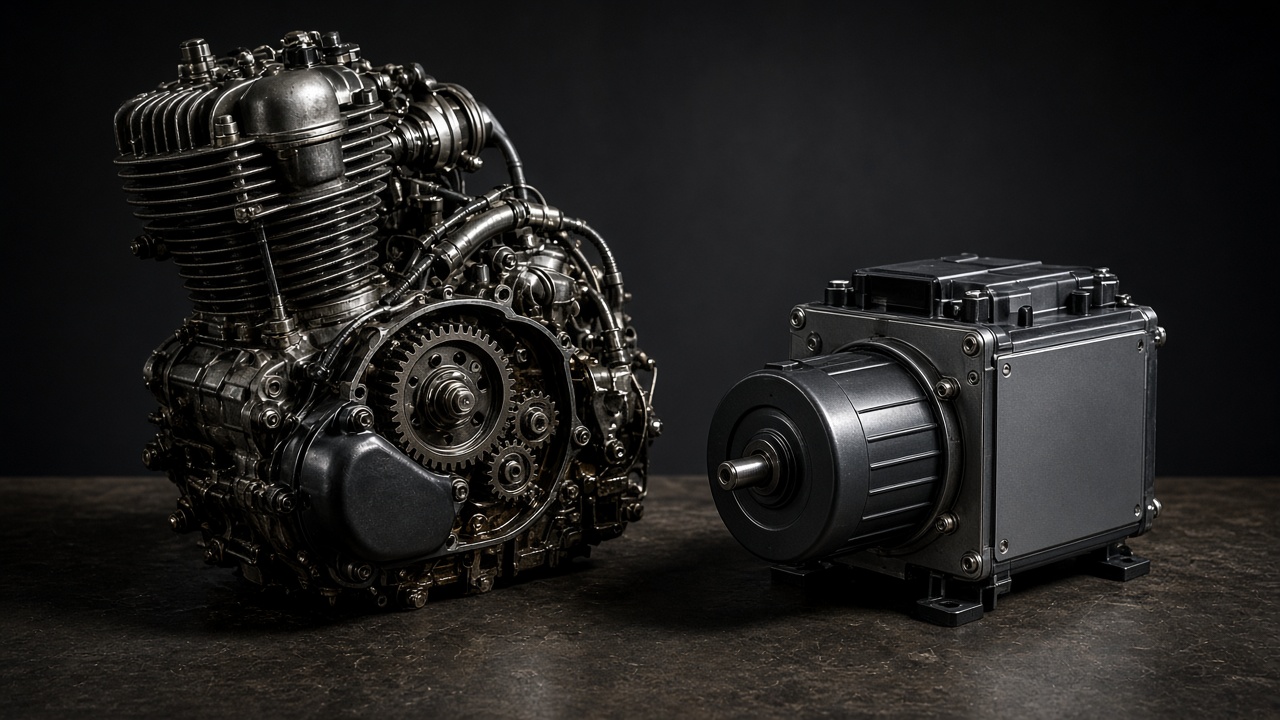 Exposed motorcycle engine and adjacent electric motor pack photographed as engineering still life