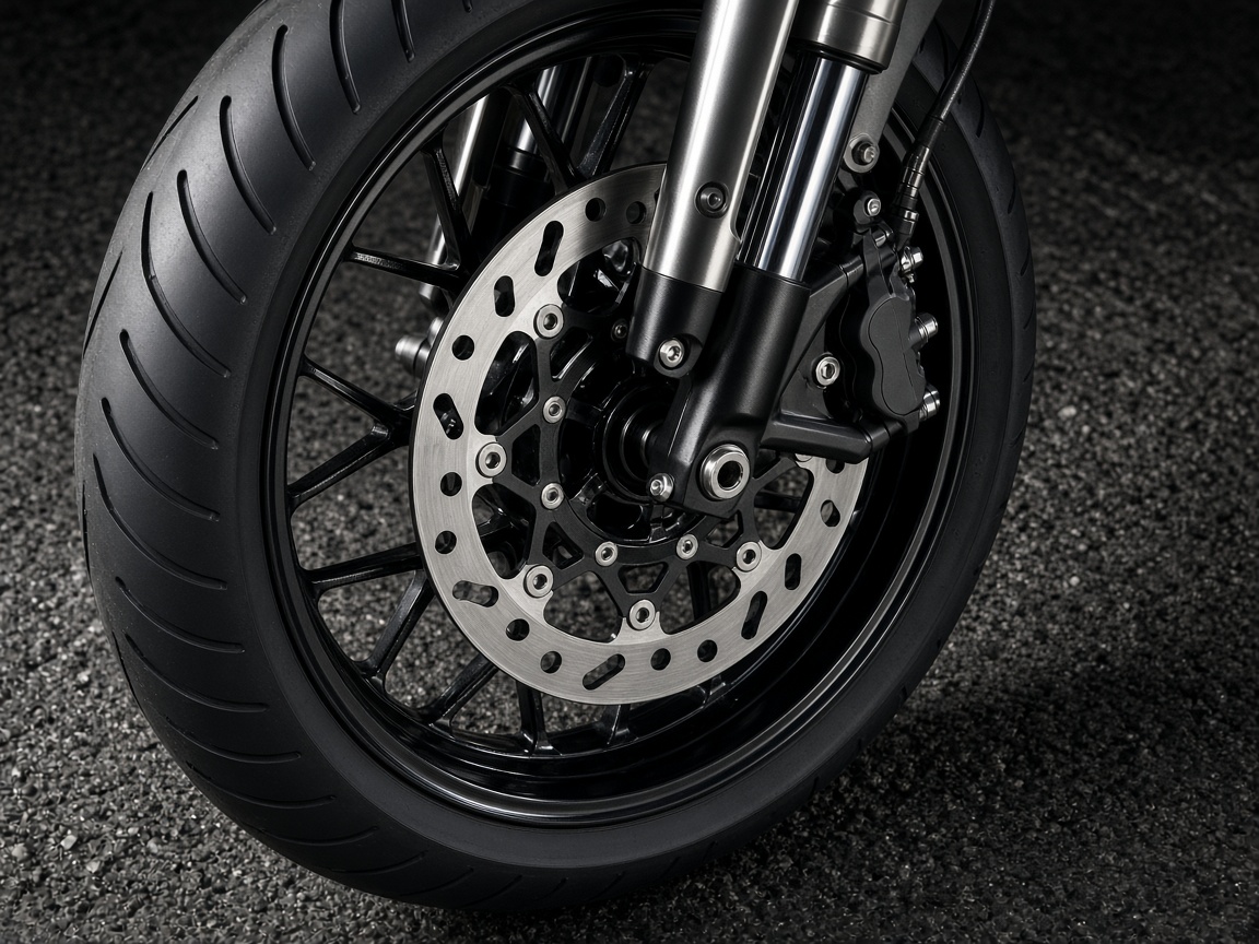 Close view of a motorcycle lean angle on dark asphalt under studio light