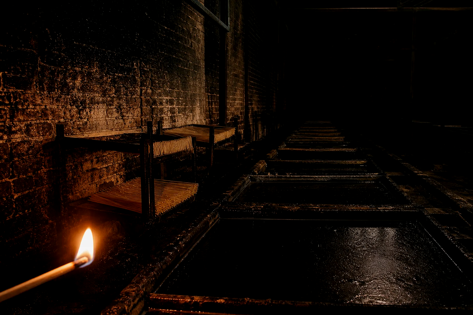A long brick dipping hall at night, racks of wooden match splints and iron wax troughs lit by a single match.