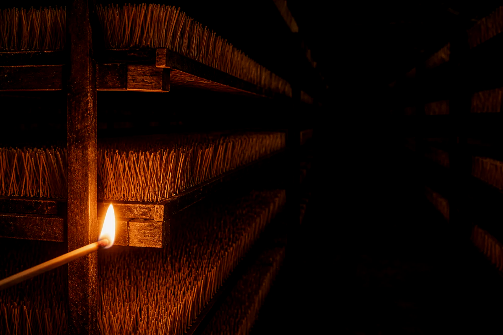 Drying racks packed with thousands of unlabelled wooden match splints, the nearest rack catching match-light.